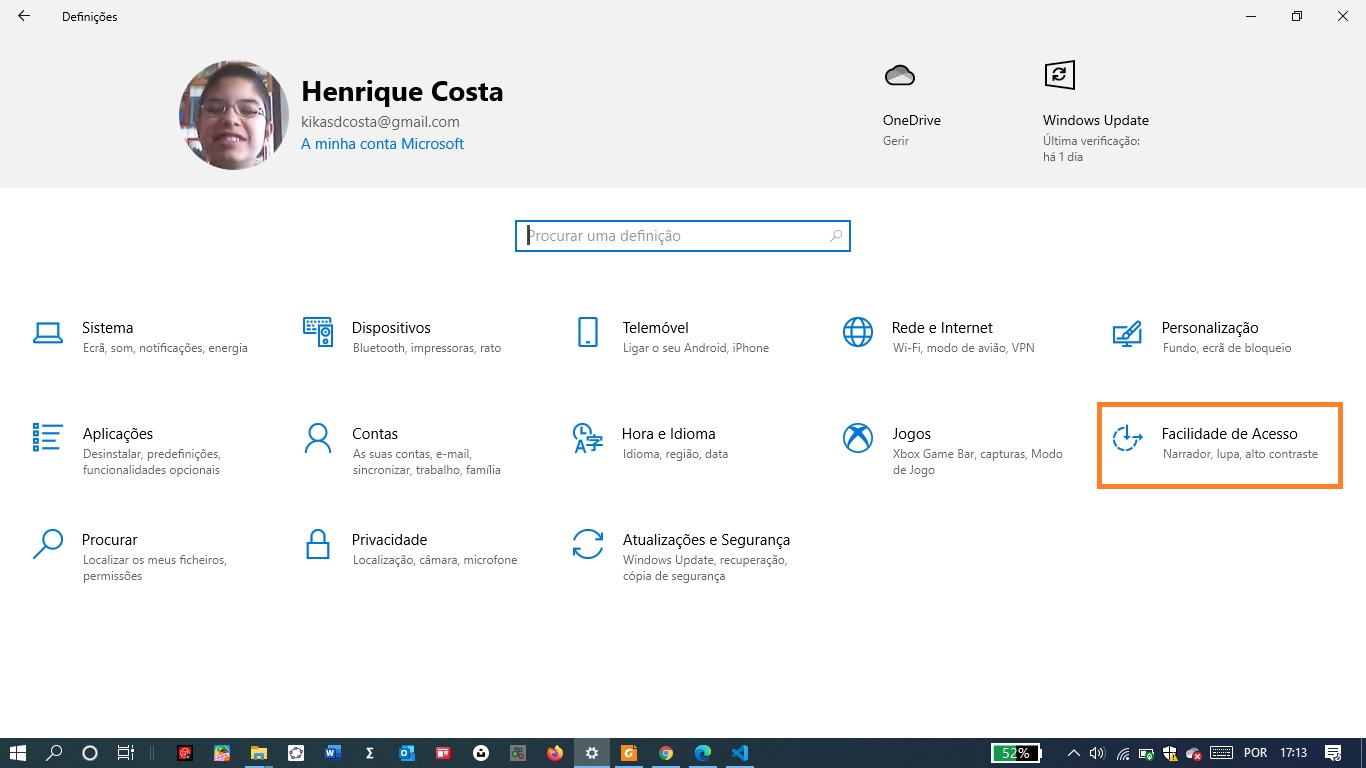 Imagem que demonstra como aceder às definições de facilidade de acesso nas definições do windows